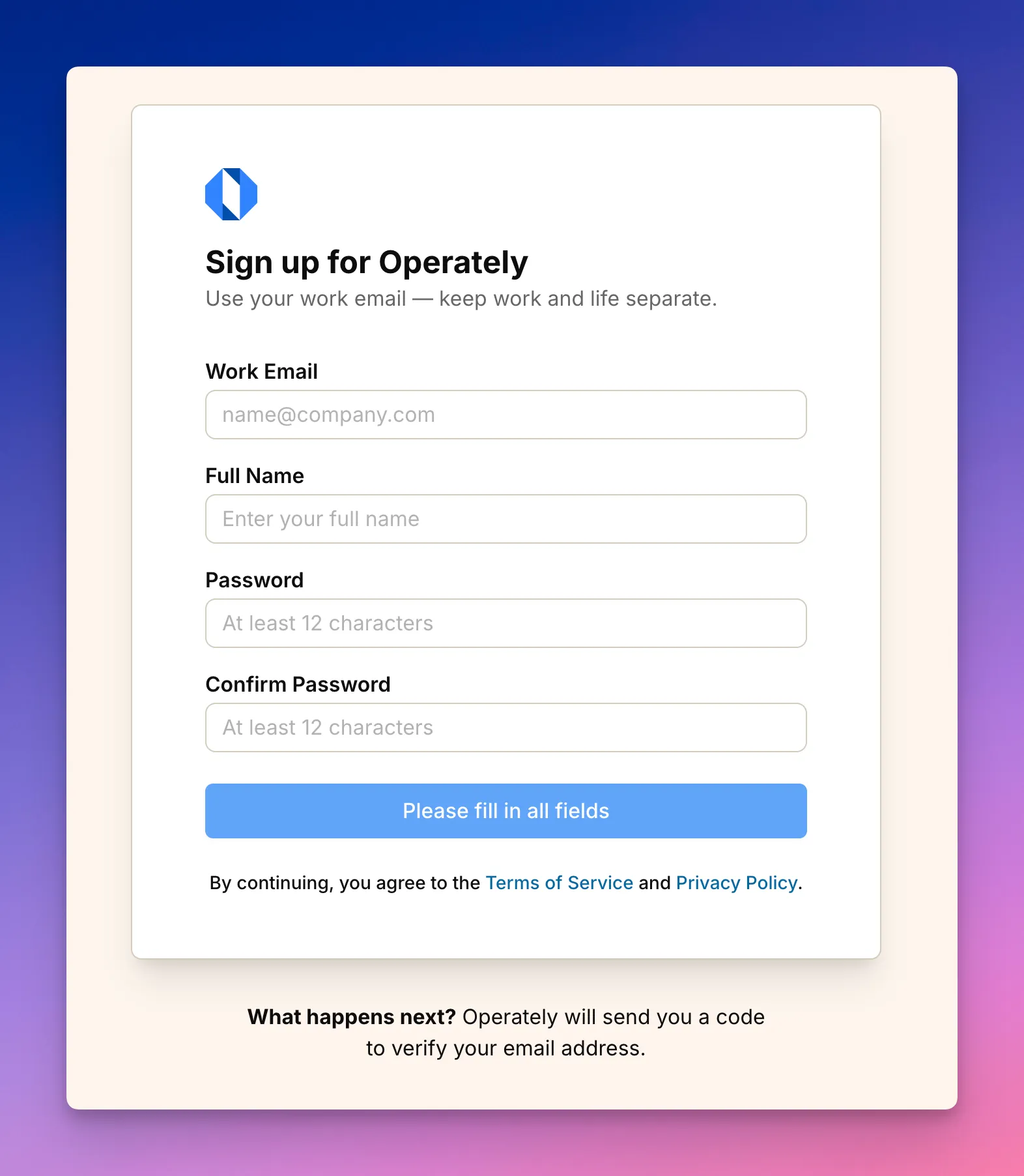 Screenshot: Email sign-up form with empty fields