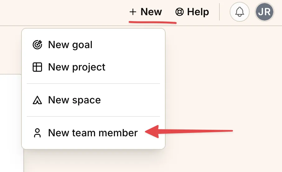 Screenshot: "+ New" menu dropdown with "New team member" option
